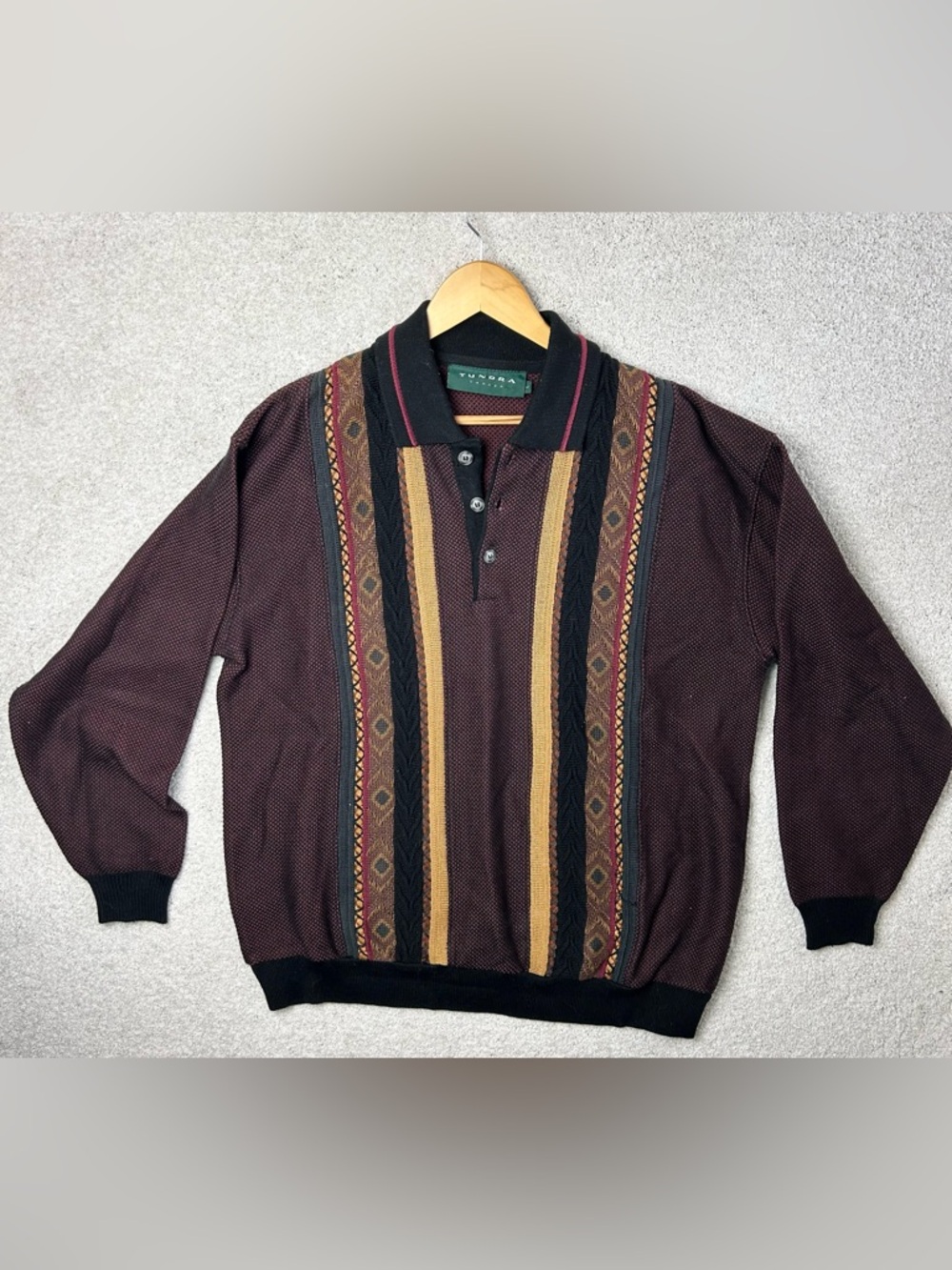 TUNDRA Canada Vintage Knit Polo Sweater in Black, Burgundy & Mustard
